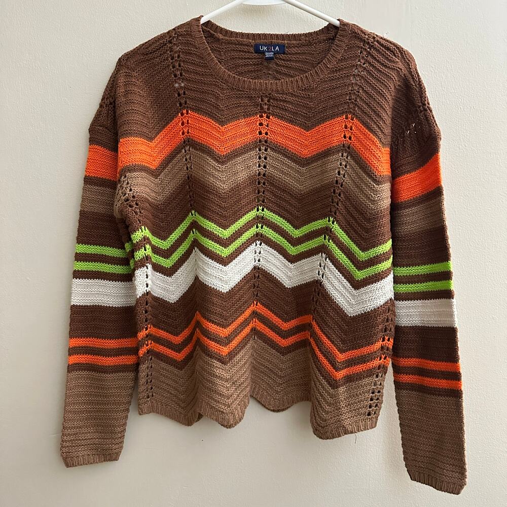 UK2LA Open Knit Chevron Stripe Sweater Preppy Academia Lightweight SMALL Retro